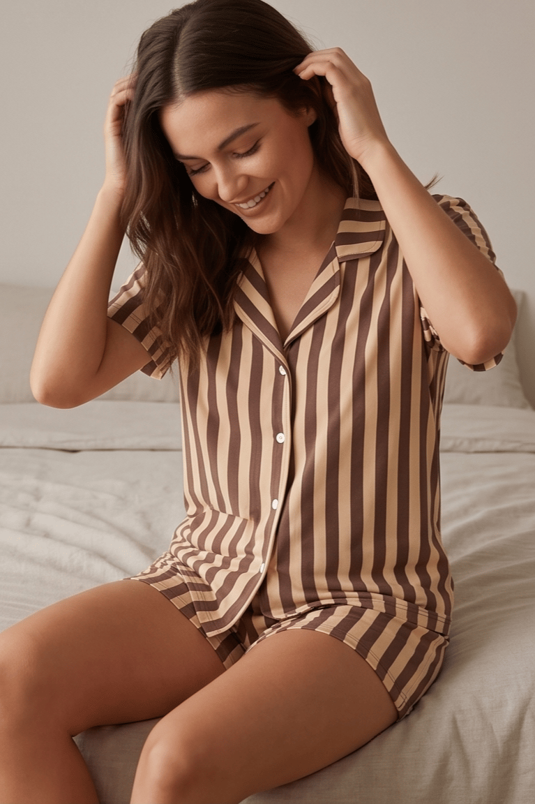 Sütlü Kahve Kahverengi Çizgili Kısa Kollu Şortlu Kadın Pijama Takımı, Şerit Desenli Pijama Seti