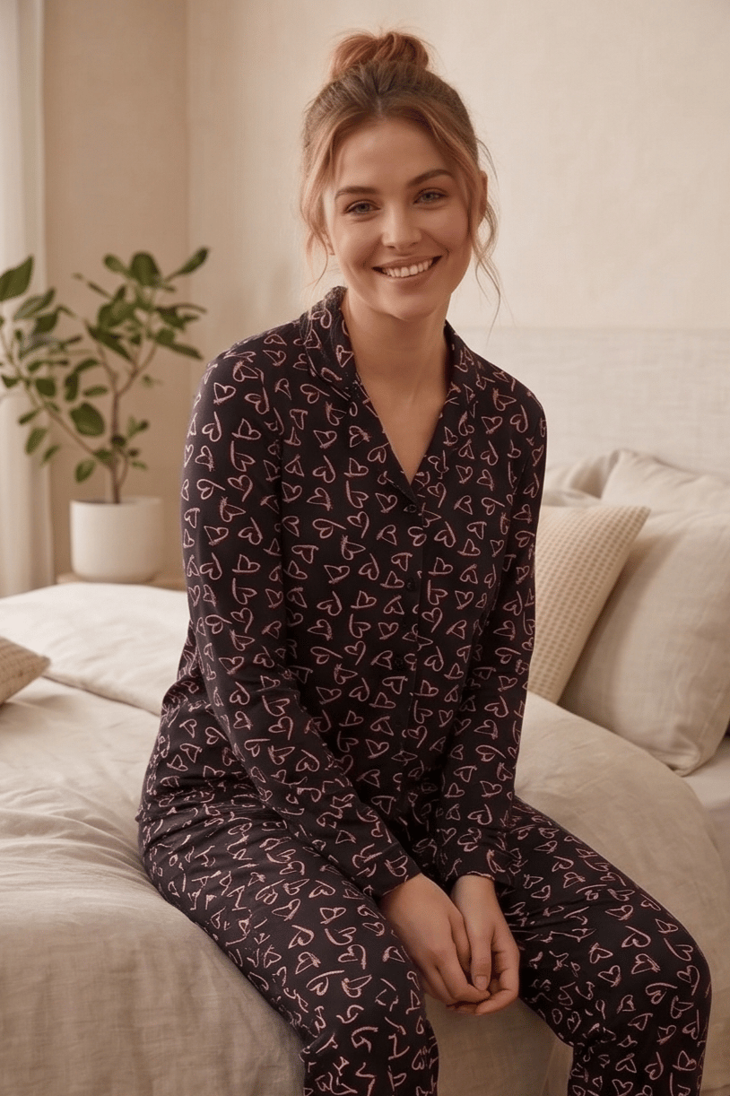 Uzun Kollu Çoklu Kalp Desenli Siyah Pijama Takımı