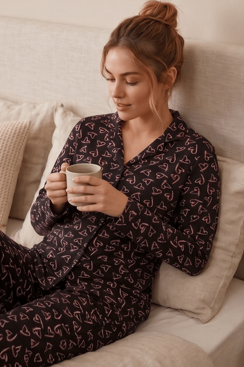 Uzun Kollu Çoklu Kalp Desenli Siyah Pijama Takımı