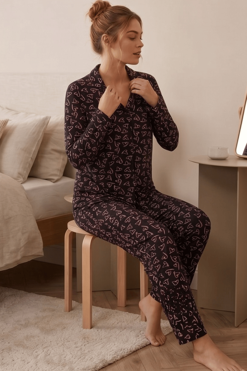 Uzun Kollu Çoklu Kalp Desenli Siyah Pijama Takımı