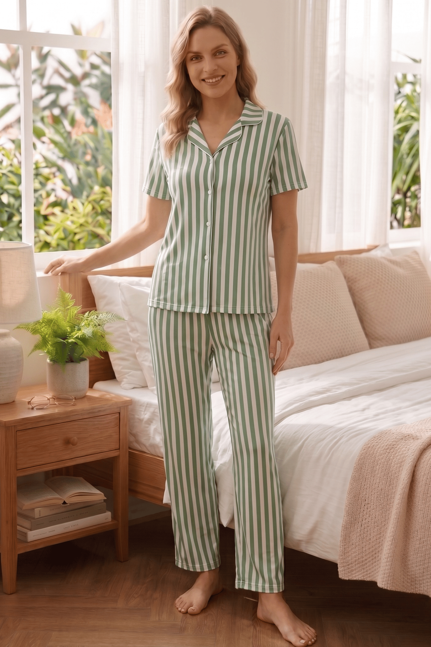 Yeşil Beyaz Çizgili Pijama Takımı, Düğmeli Kısa Kollu Şeritli Pijama Seti