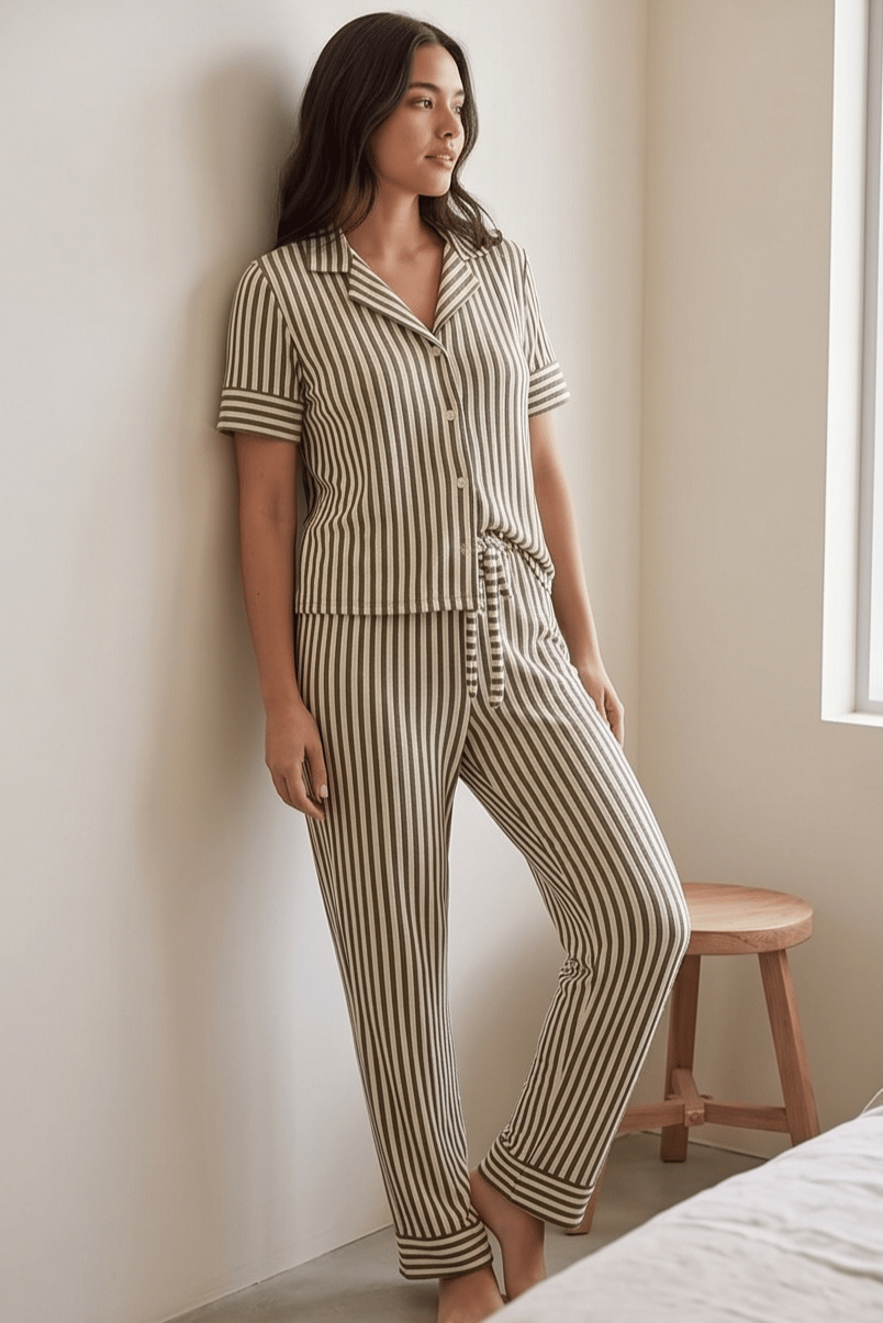Yeşil Beyaz Çizgili Pijama Takımı, Şeritli Pijama Seti