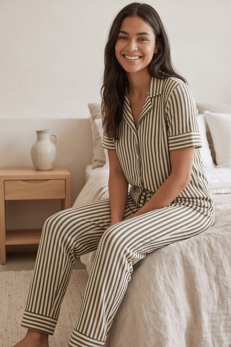 Yeşil Beyaz Çizgili Pijama Takımı, Şeritli Pijama Seti