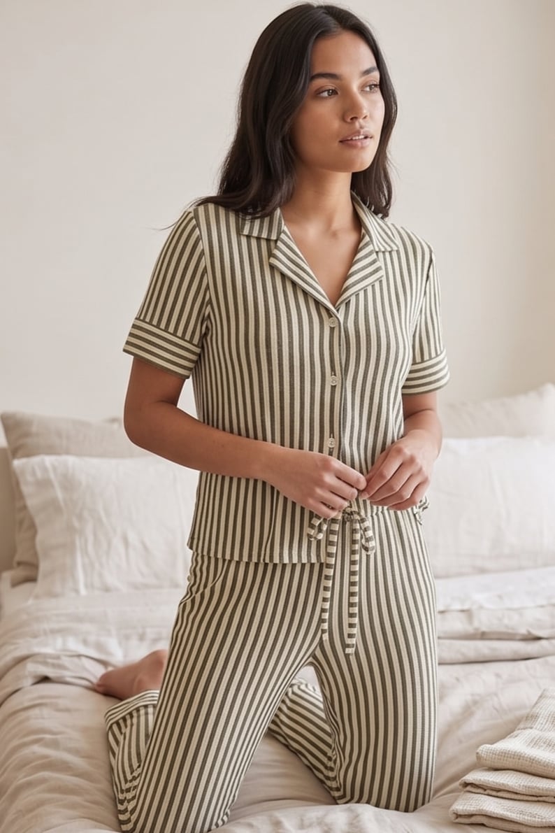 Yeşil Beyaz Çizgili Pijama Takımı, Şeritli Pijama Seti