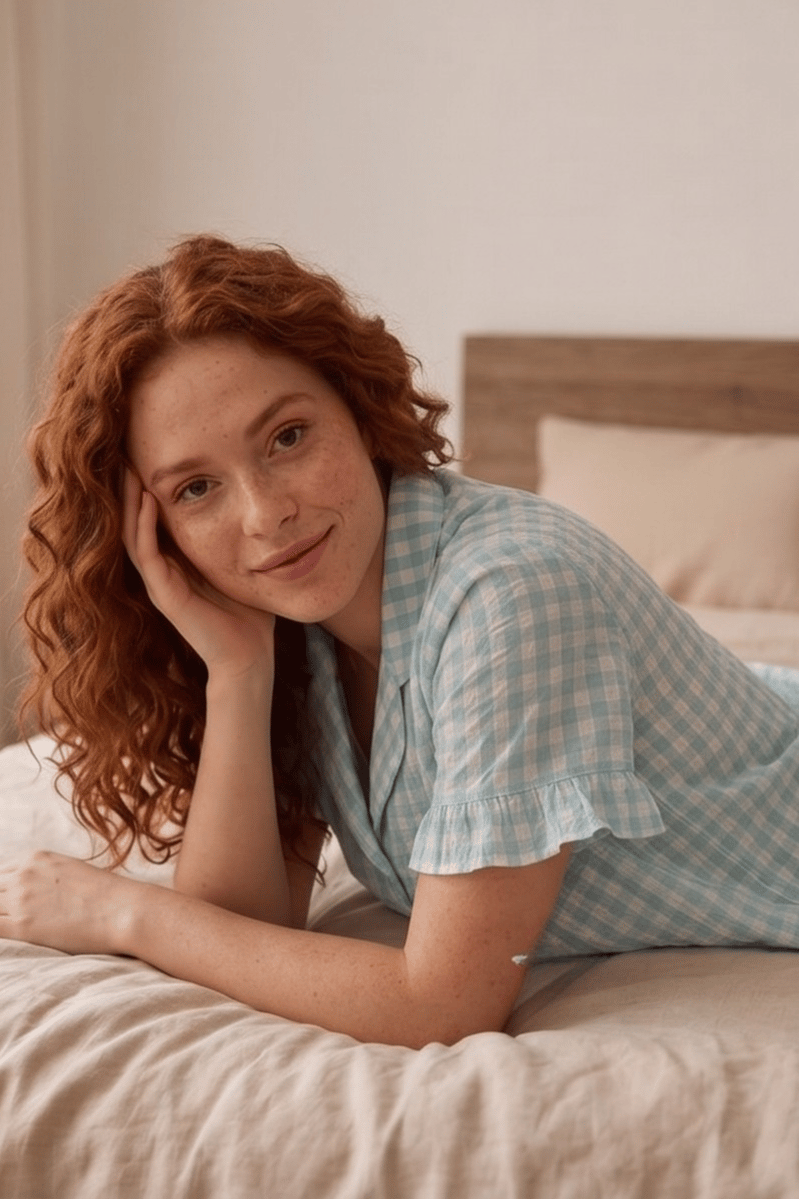 Yeşil Beyaz Dama Desenli Fırfırlı Kısa Kollu ve Şortlu Pijama Takımı
