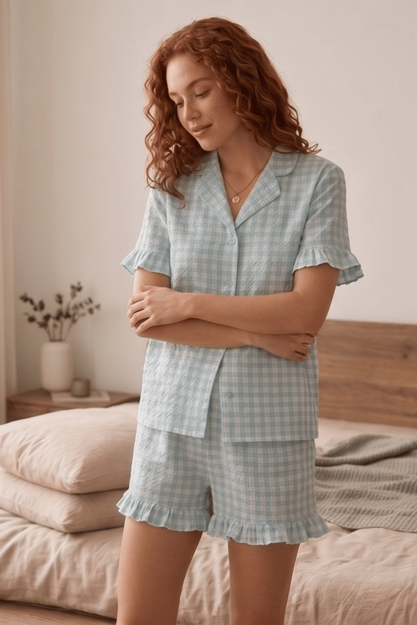 Yeşil Beyaz Dama Desenli Fırfırlı Kısa Kollu ve Şortlu Pijama Takımı