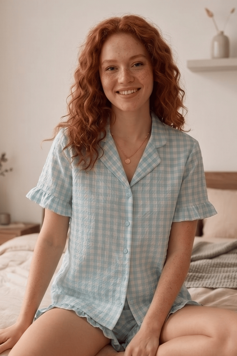 Yeşil Beyaz Dama Desenli Fırfırlı Kısa Kollu ve Şortlu Pijama Takımı