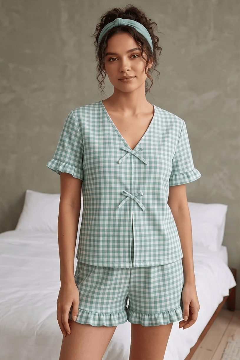 Yeşil Beyaz Dama Desenli Fırfırlı ve Fiyonklu Pijama Takımı