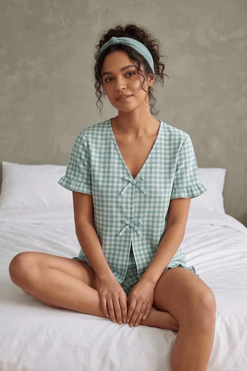Yeşil Beyaz Dama Desenli Fırfırlı ve Fiyonklu Pijama Takımı