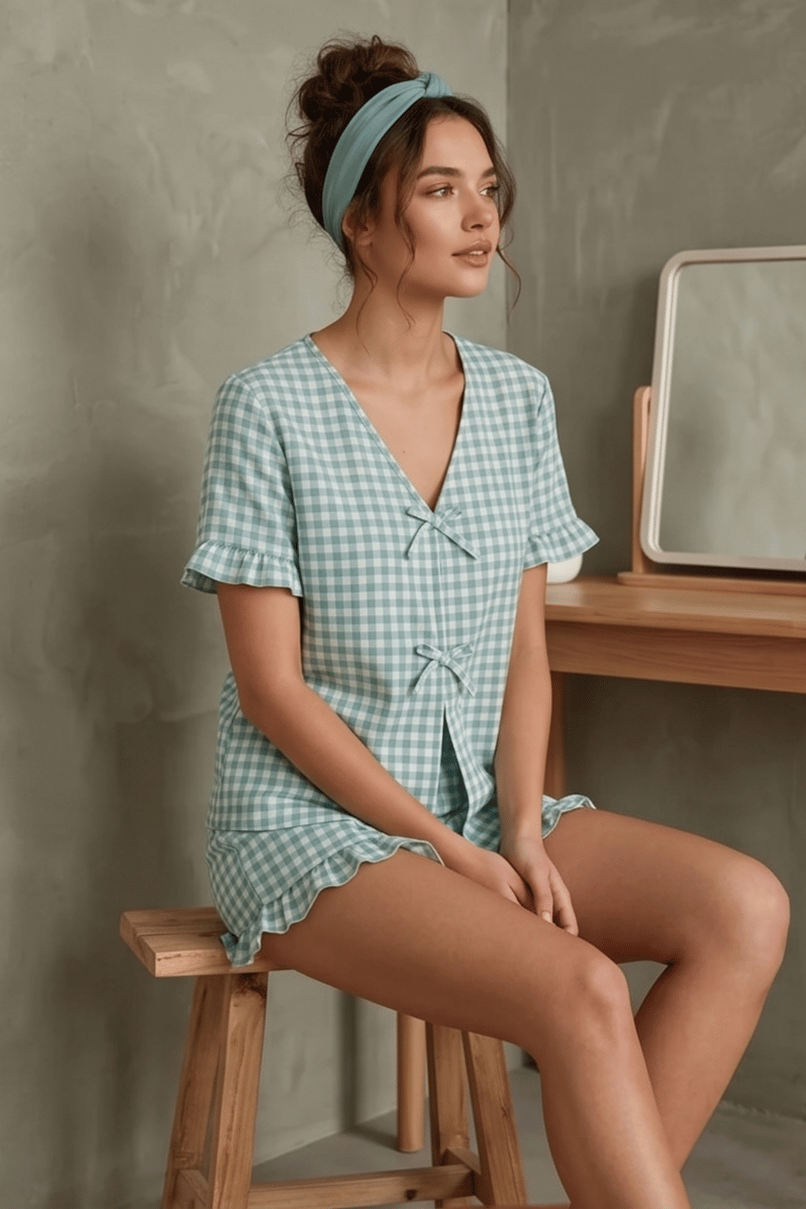 Yeşil Beyaz Dama Desenli Fırfırlı ve Fiyonklu Pijama Takımı