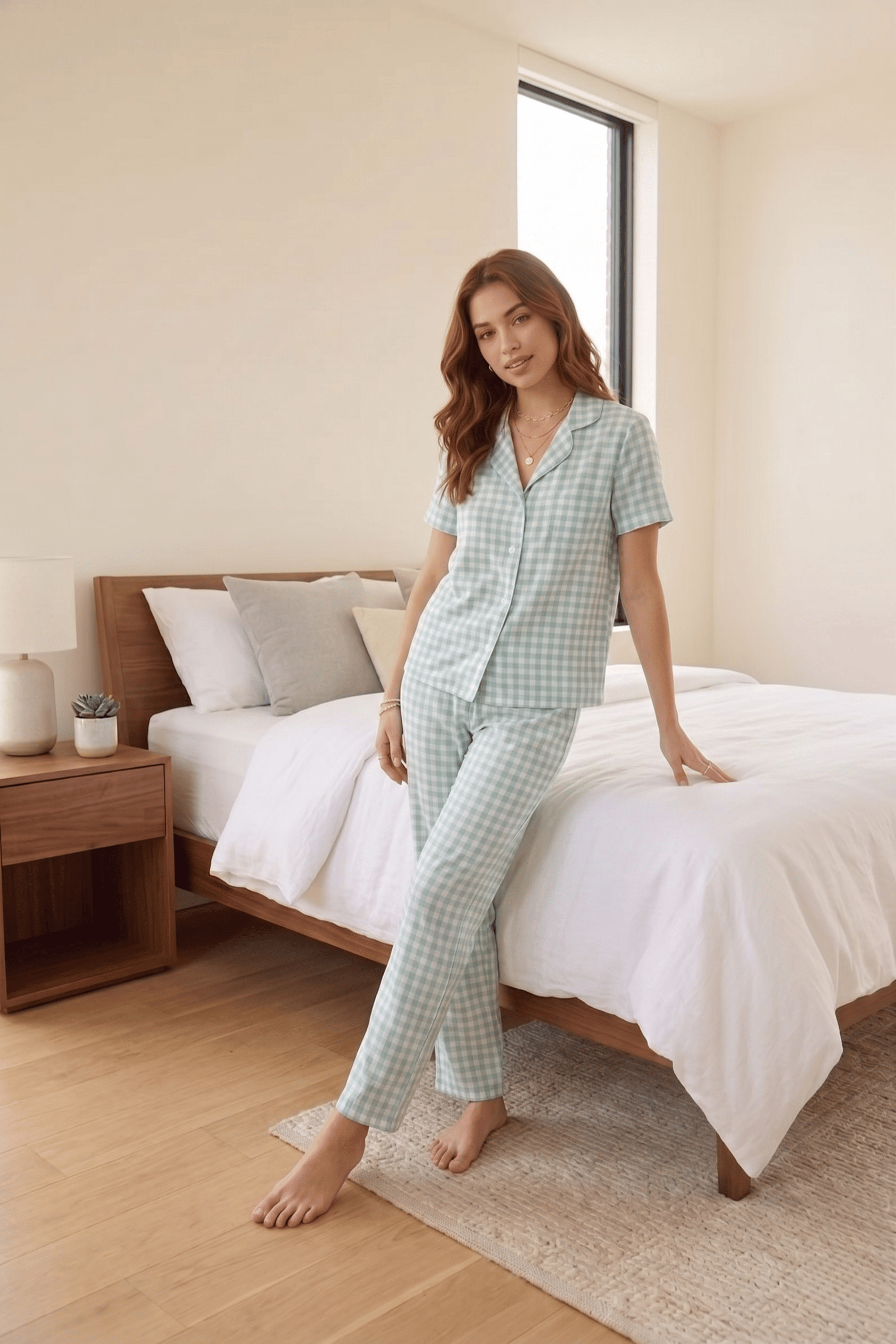 Yeşil Beyaz Dama Desenli Pijama Takımı, Düğmeli Kısa Kollu Kare Desenli Pijama Seti