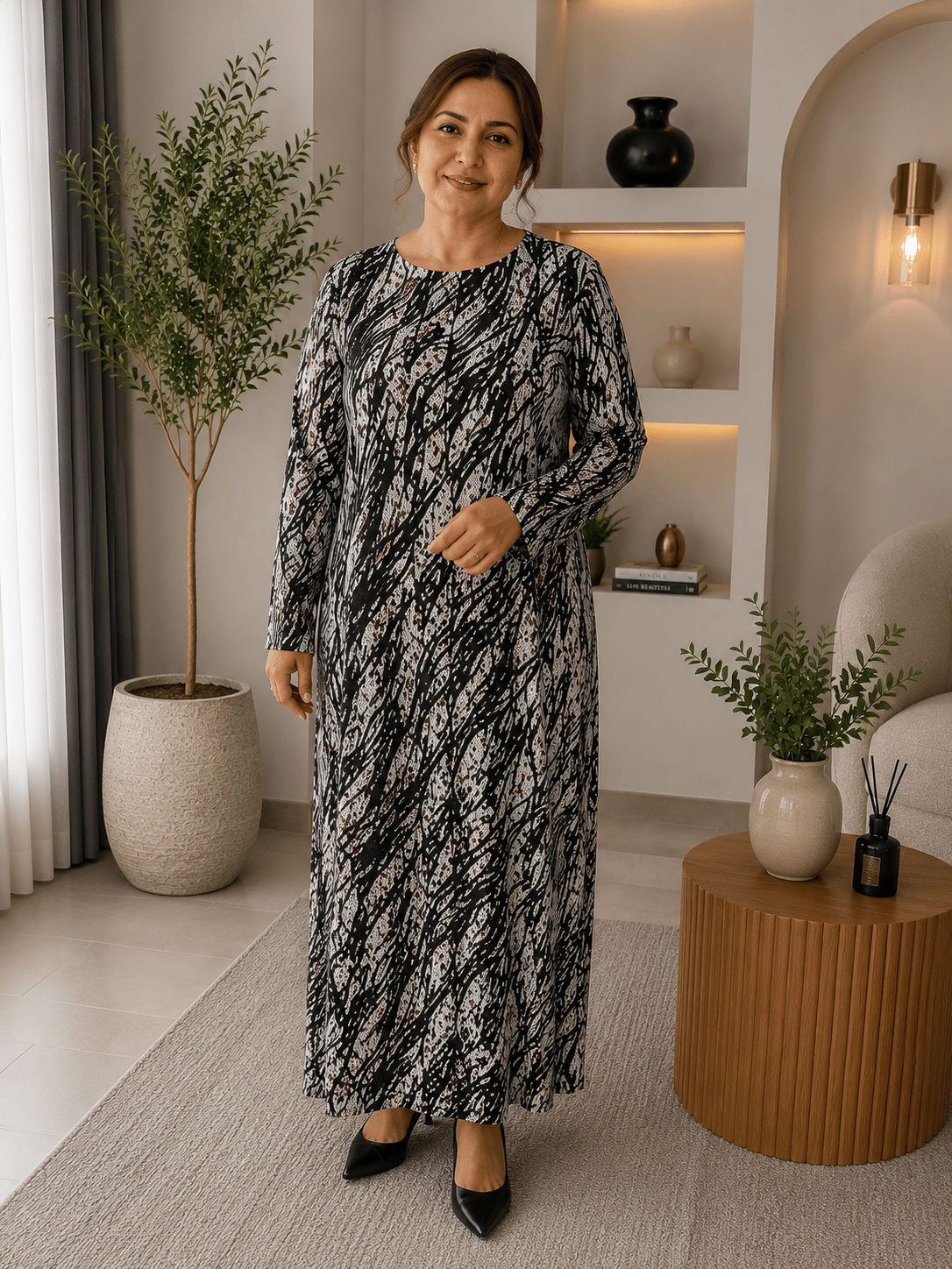 Anne Elbisesi - Beyaz | Siyah Şal Desen