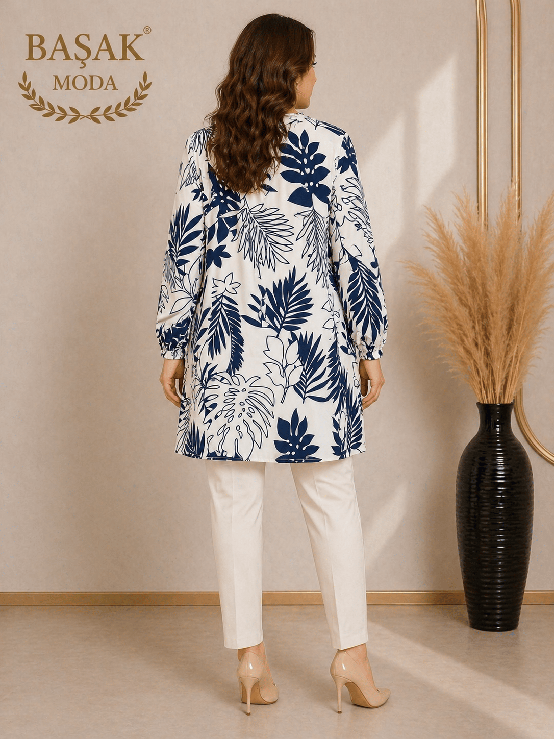 Dokuma Tunik - Beyaz | Lacivert Yaprak Desenli