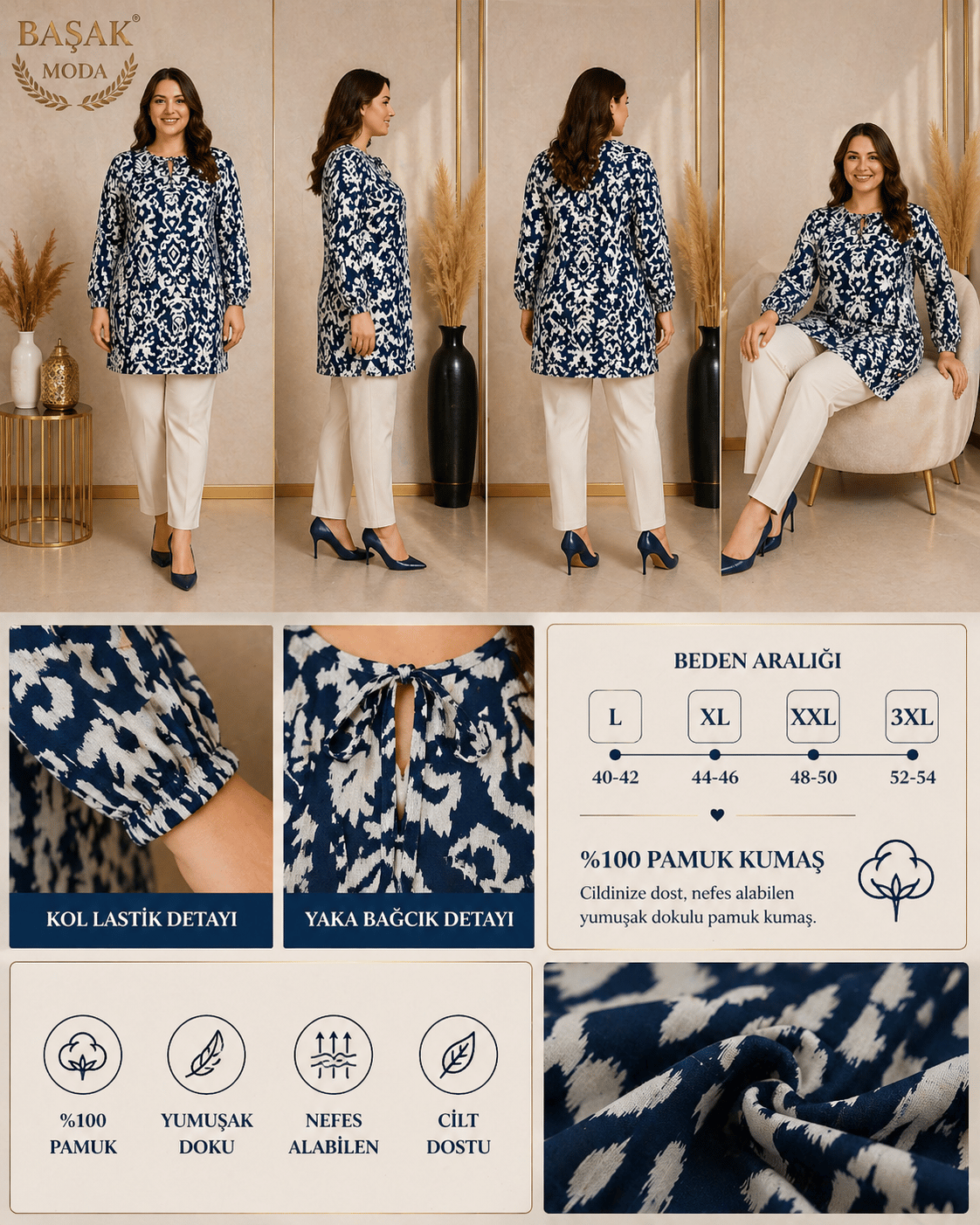 Dokuma Tunik - Beyaz | Petrol Mavisi Soyut Desenli