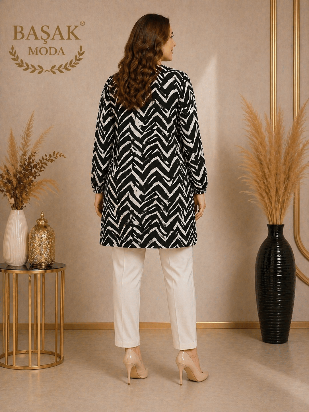 Dokuma Tunik - Beyaz | Siyah Zikzak Desenli