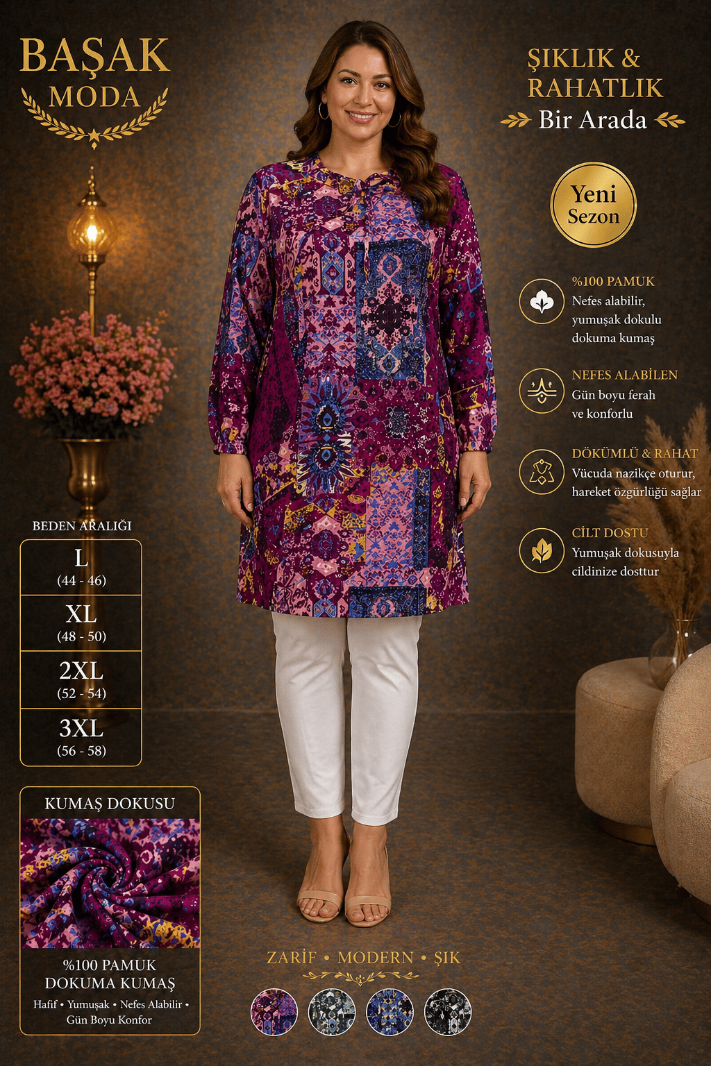 Dokuma Tunik - Fuşya | Mor Soyut Desenli