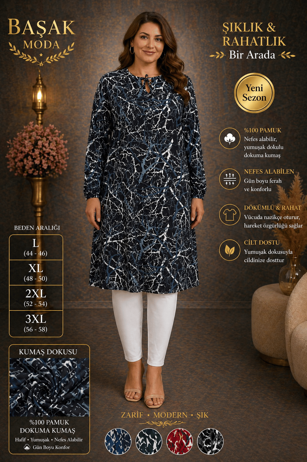 Dokuma Tunik - Lacivert | Beyaz Desenli