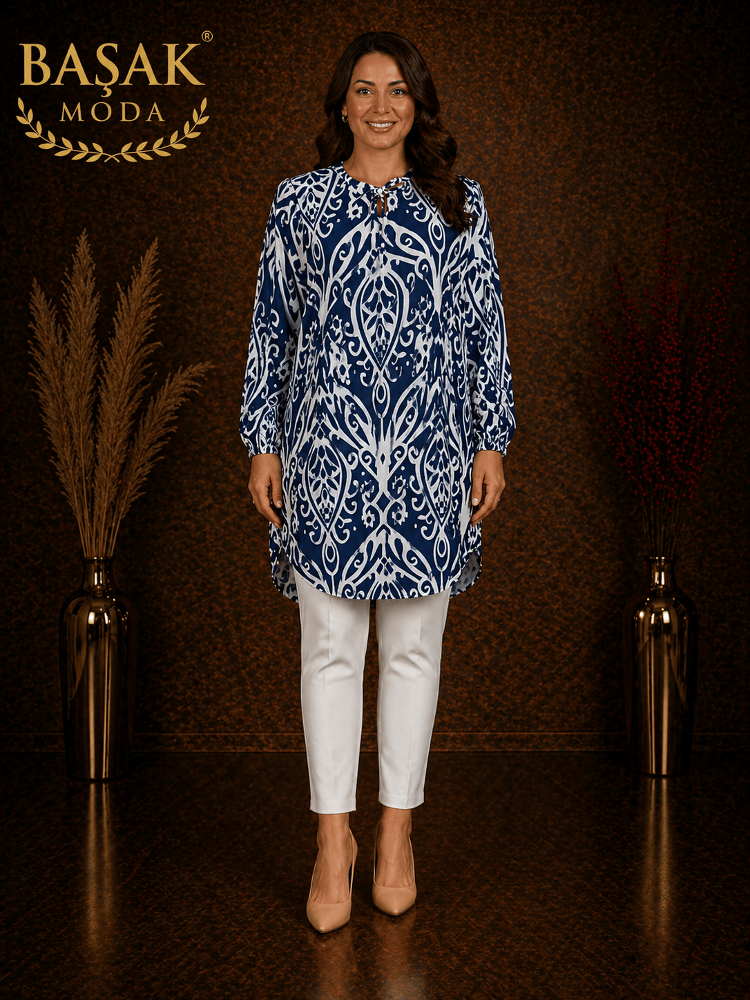 Dokuma Tunik - Lacivert | Beyaz Soyut Desenli