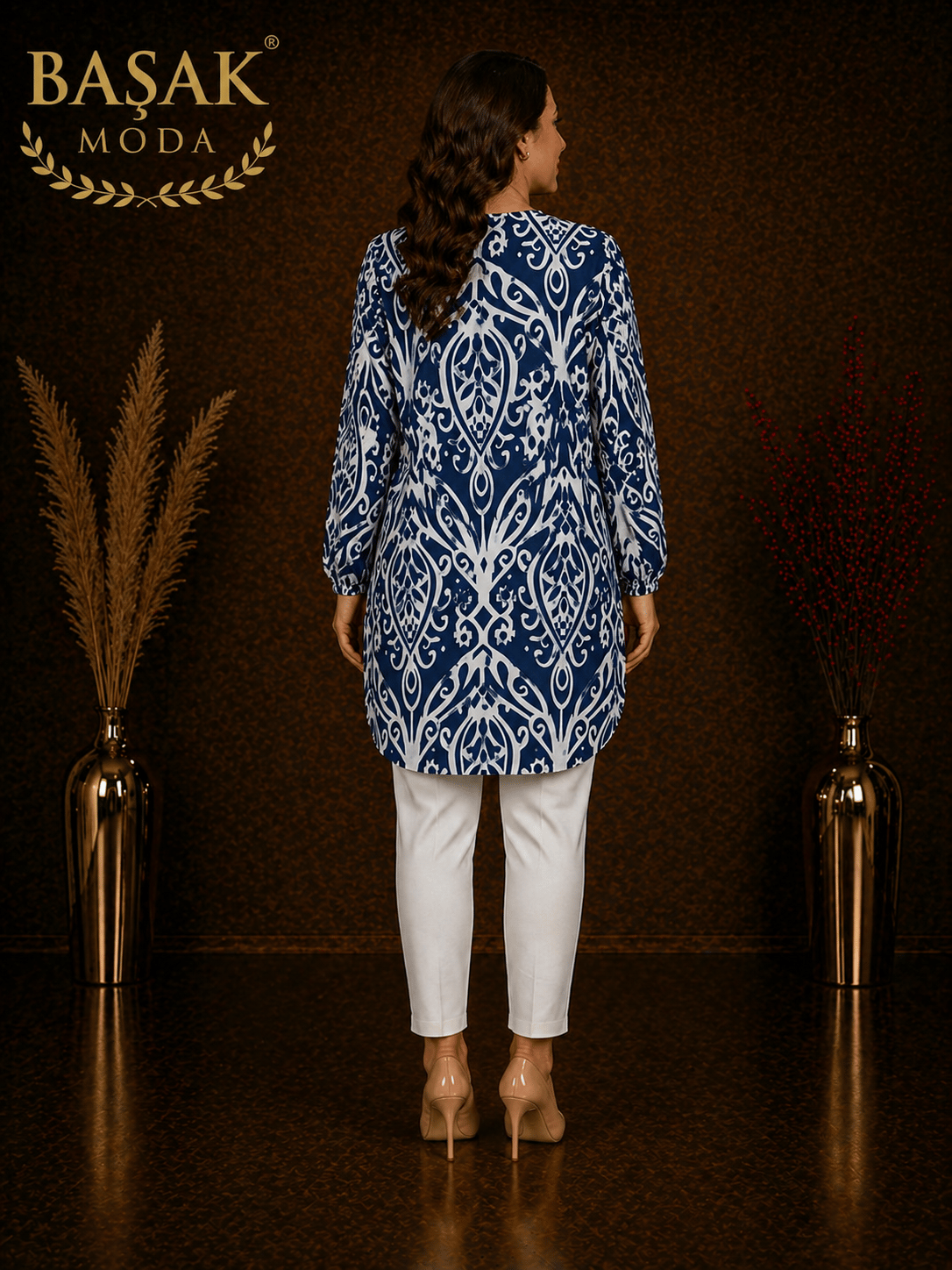 Dokuma Tunik - Lacivert | Beyaz Soyut Desenli