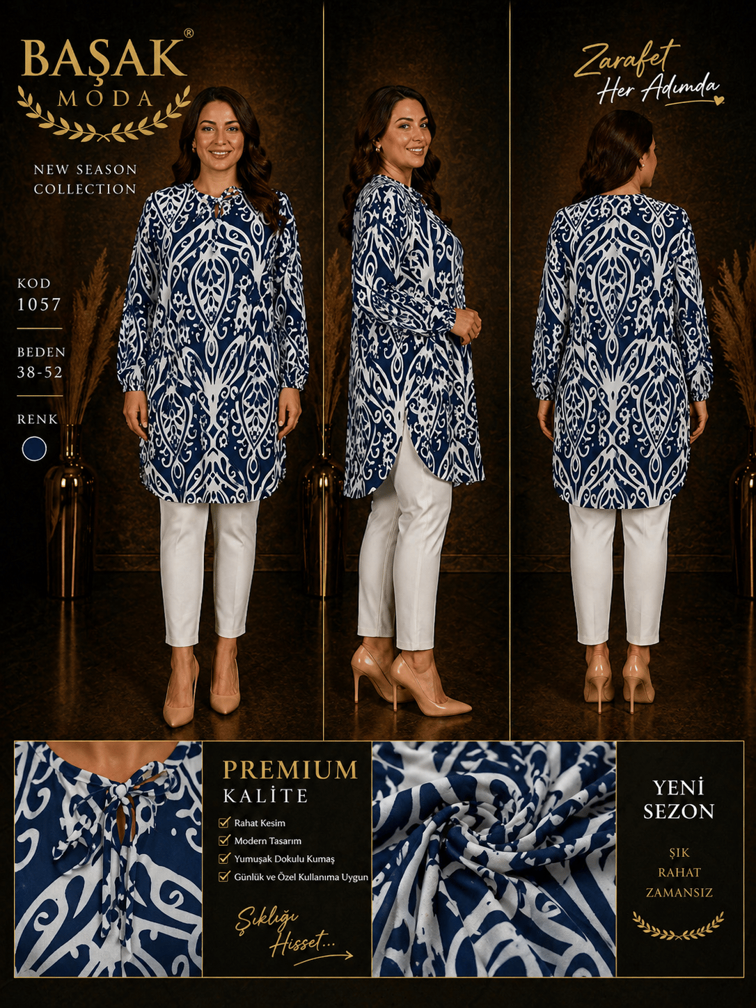 Dokuma Tunik - Lacivert | Beyaz Soyut Desenli