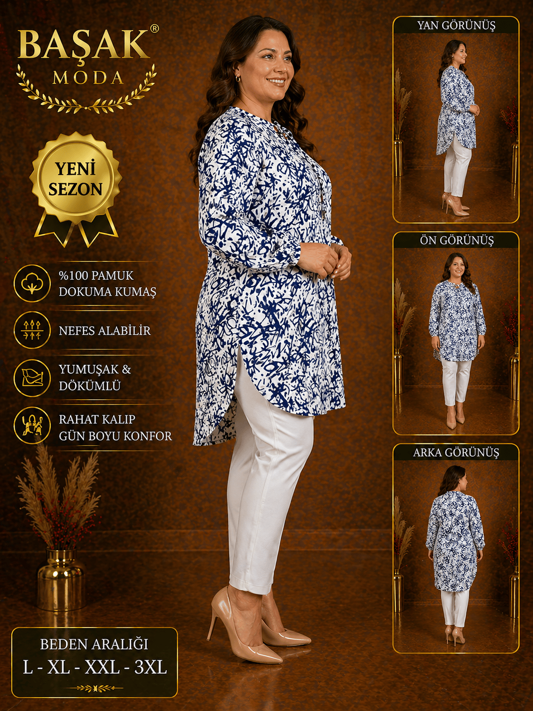 Dokuma Tunik - Lacivert | Beyaz Soyut Desenli