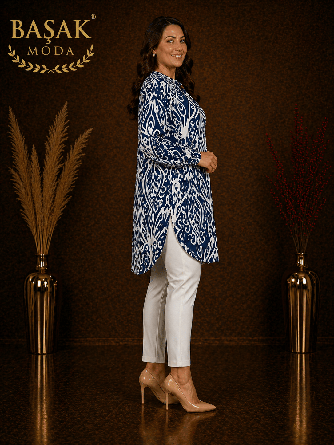 Dokuma Tunik - Lacivert | Beyaz Soyut Desenli