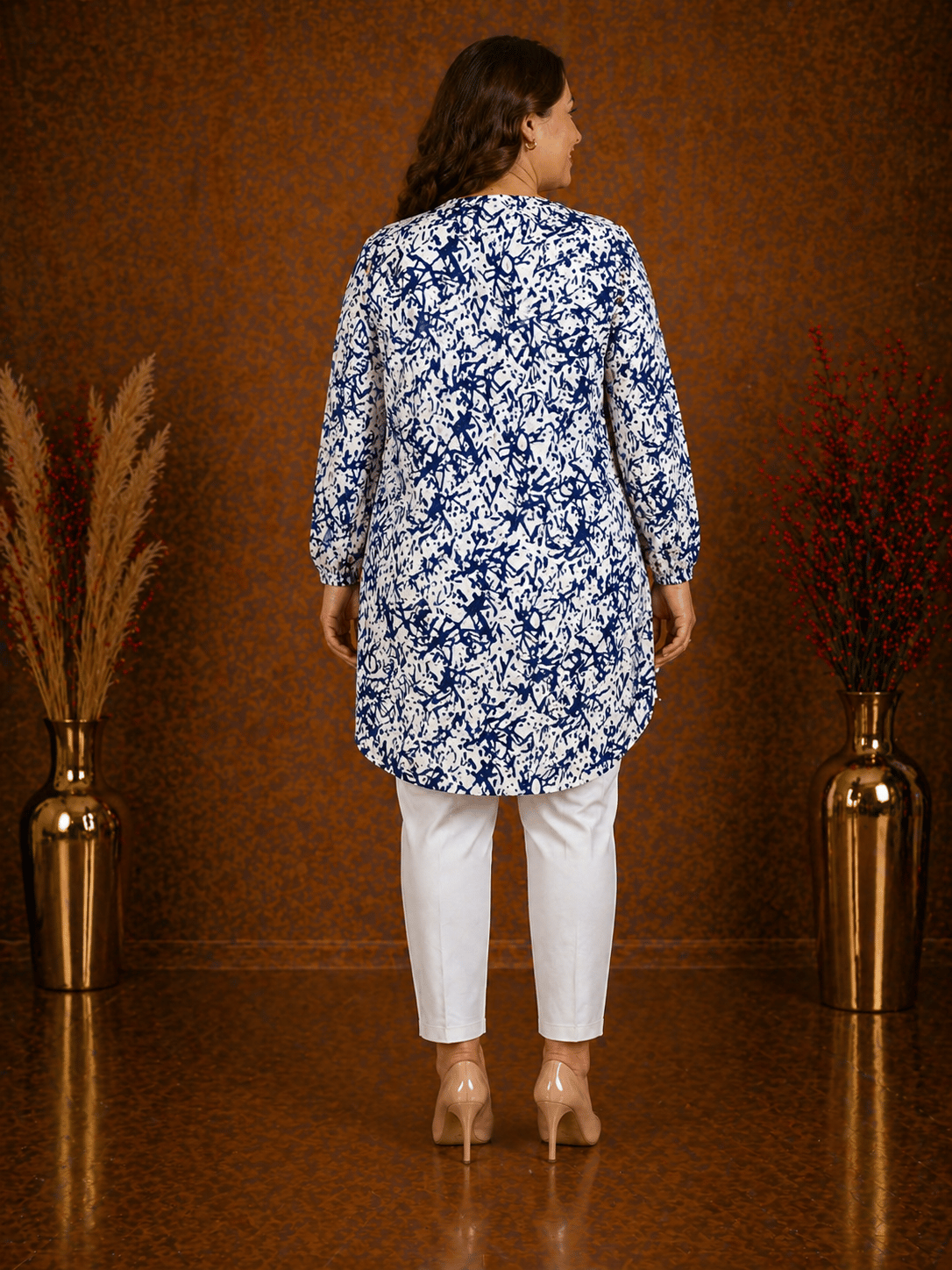 Dokuma Tunik - Lacivert | Beyaz Soyut Desenli