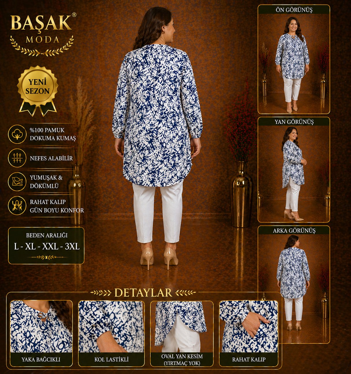 Dokuma Tunik - Lacivert | Beyaz Soyut Desenli