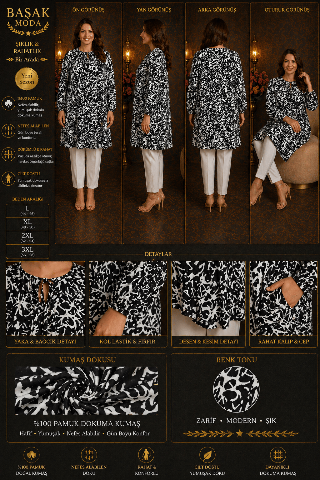 Dokuma Tunik - Siyah | Beyaz Desenli