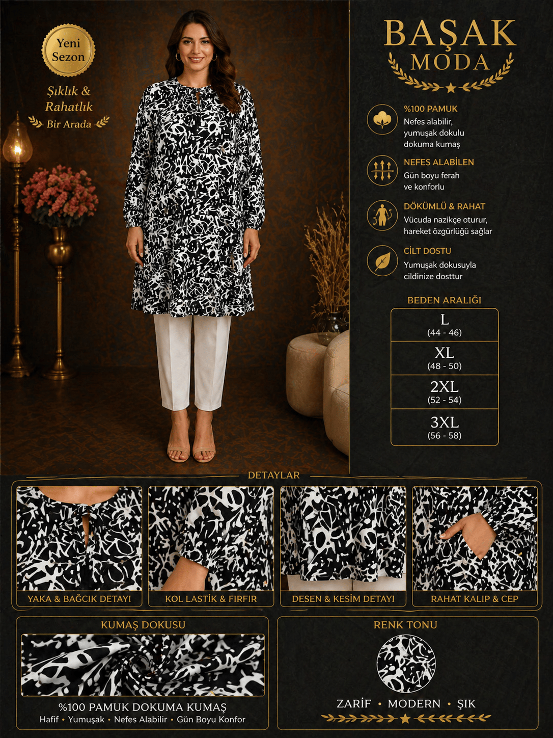 Dokuma Tunik - Siyah | Beyaz Desenli