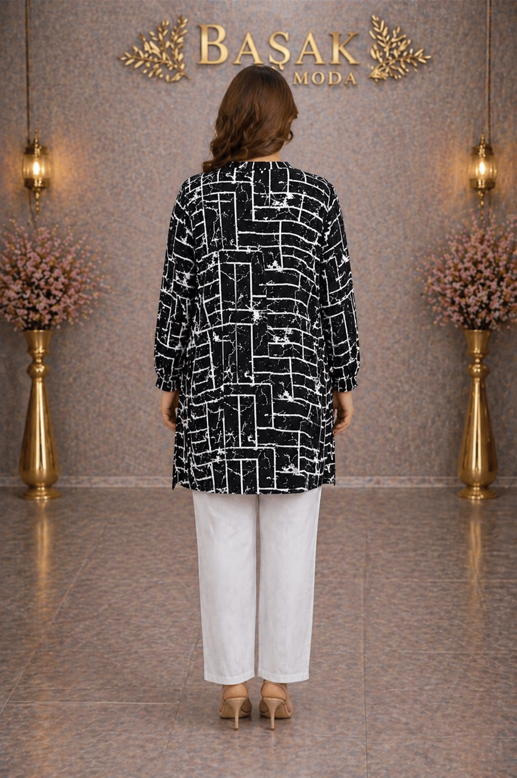 Dokuma Tunik - Siyah | Beyaz Geometrik Desen