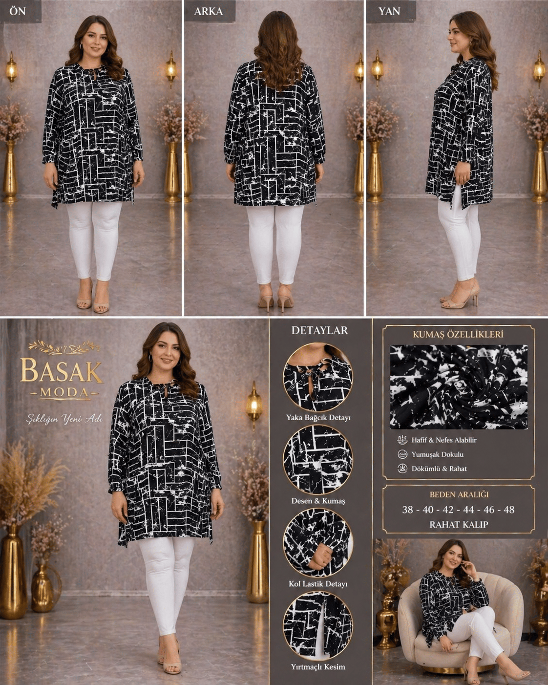 Dokuma Tunik - Siyah | Beyaz Geometrik Desen
