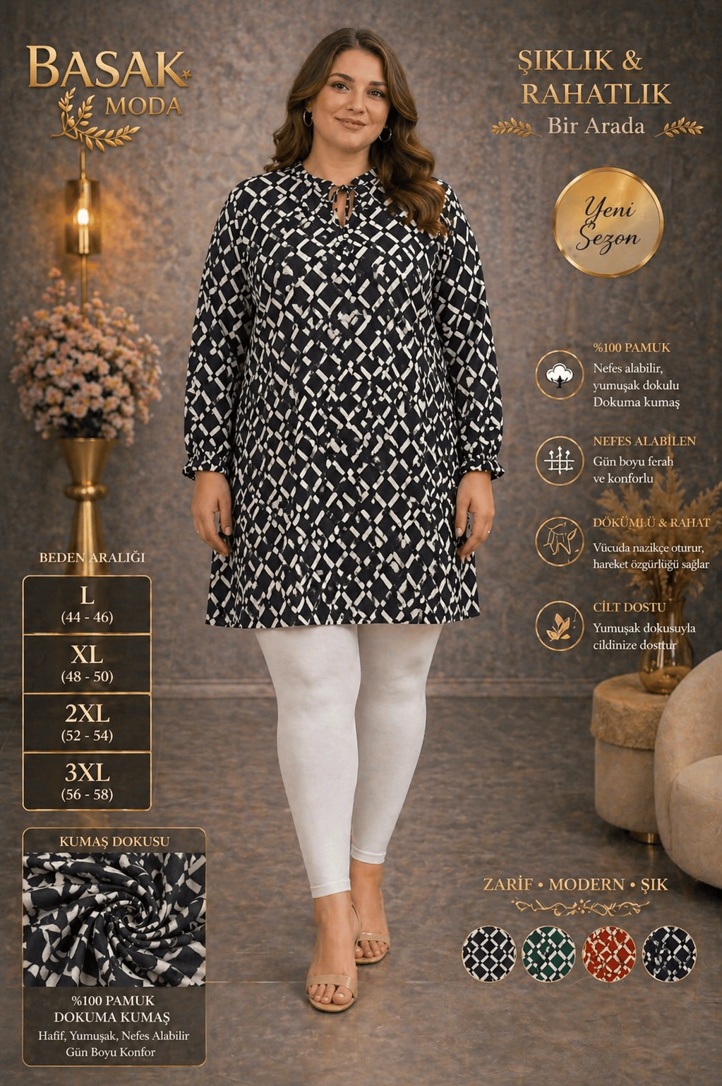 Dokuma Tunik - Siyah | Beyaz Kare Desenli