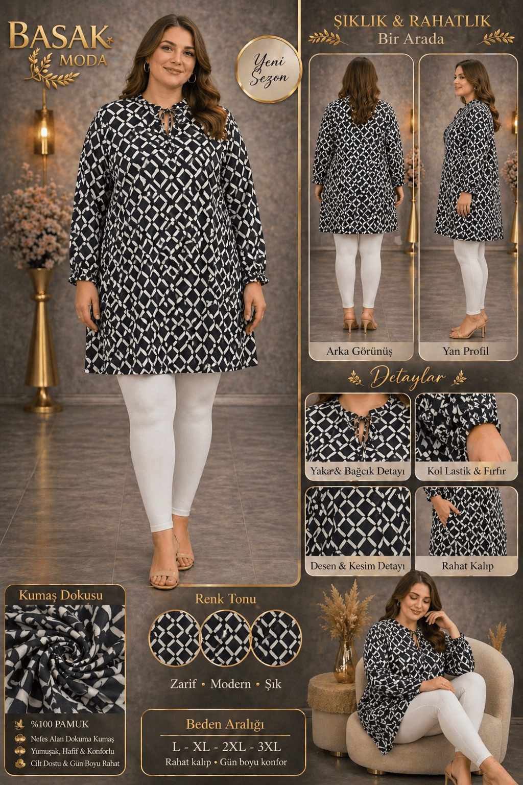 Dokuma Tunik - Siyah | Beyaz Kare Desenli