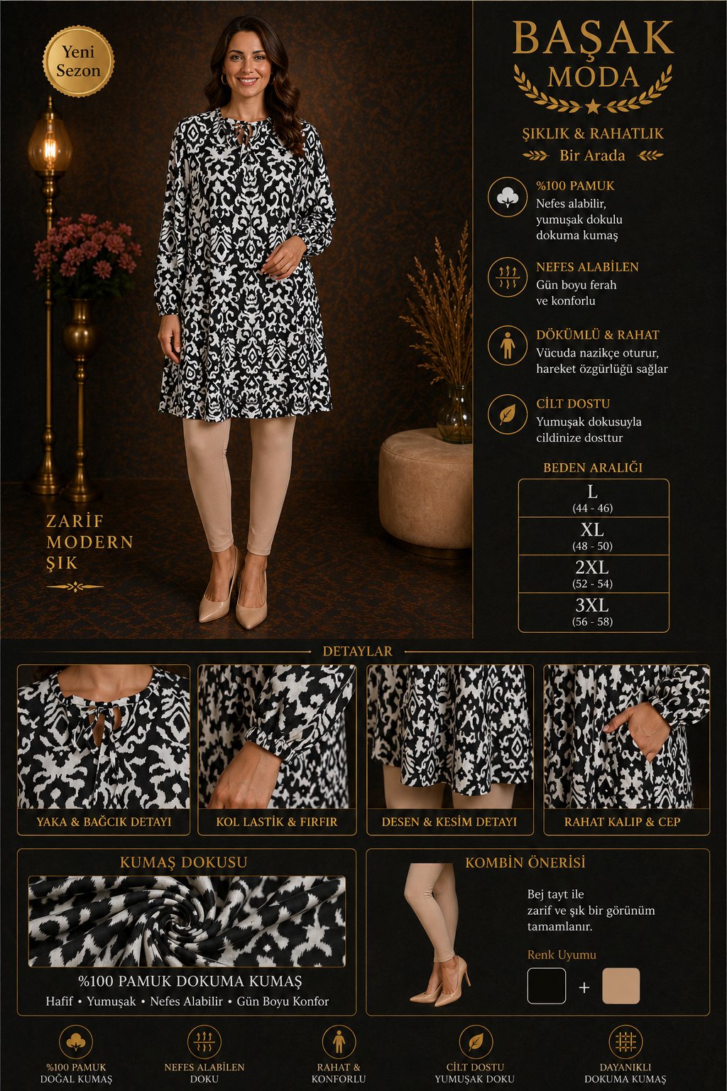 Dokuma Tunik - Siyah | Beyaz Soyut Desenli