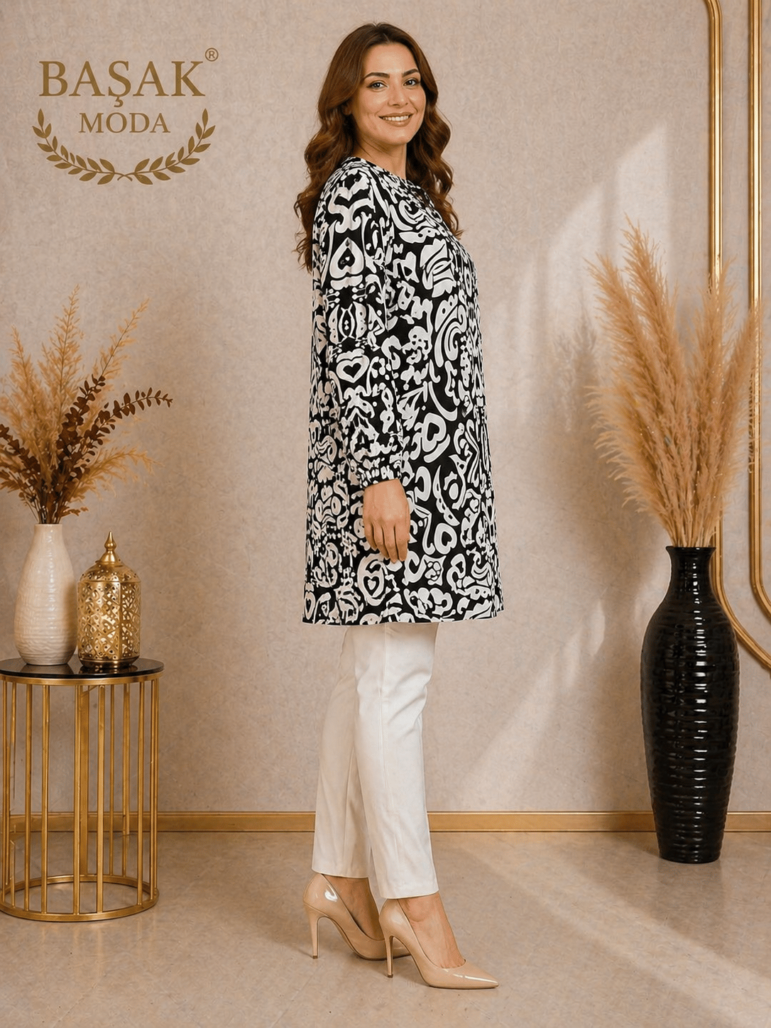 Dokuma Tunik - Siyah | Beyaz Soyut Desenli