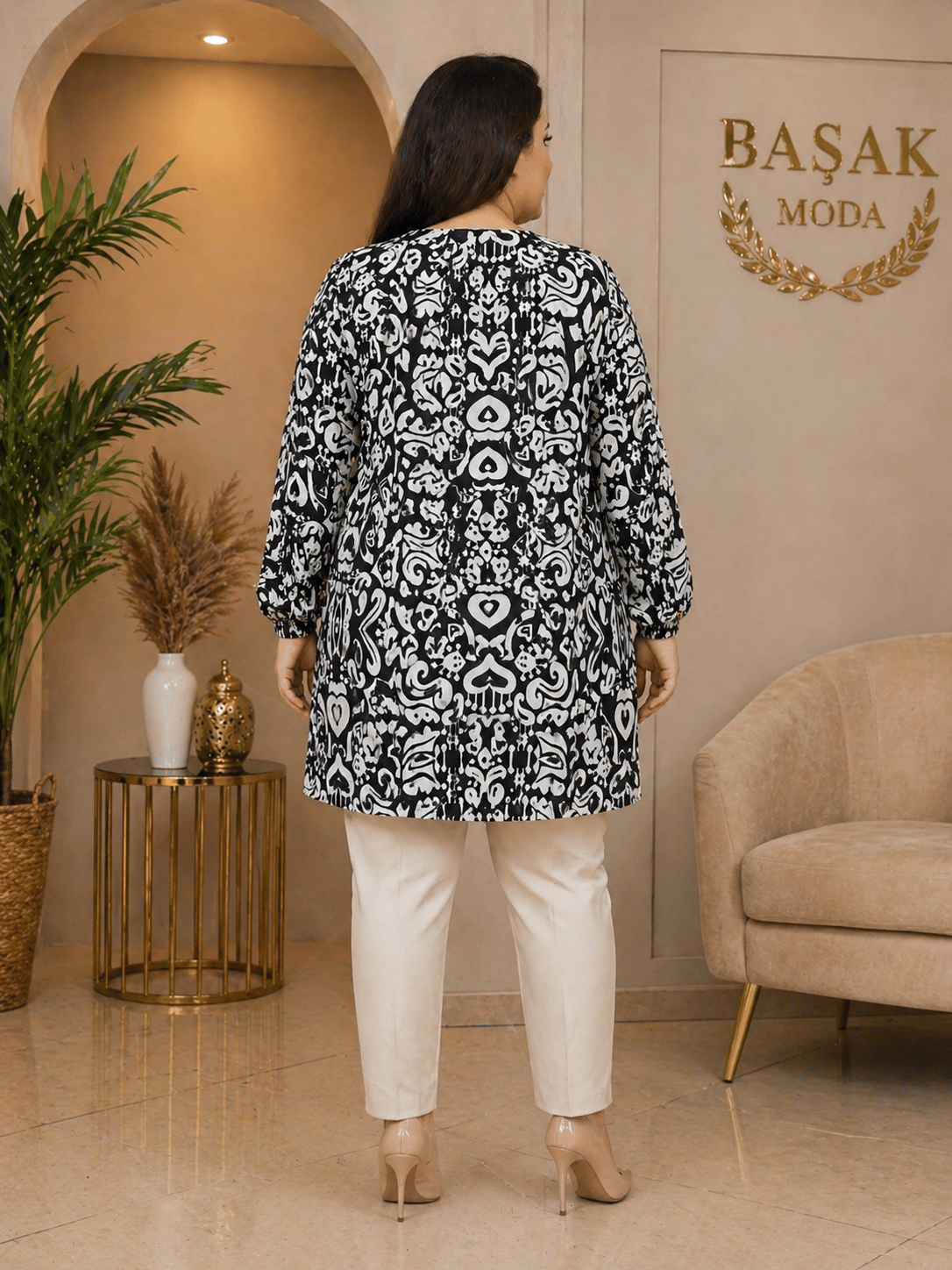Dokuma Tunik - Siyah | Beyaz Soyut Desenli