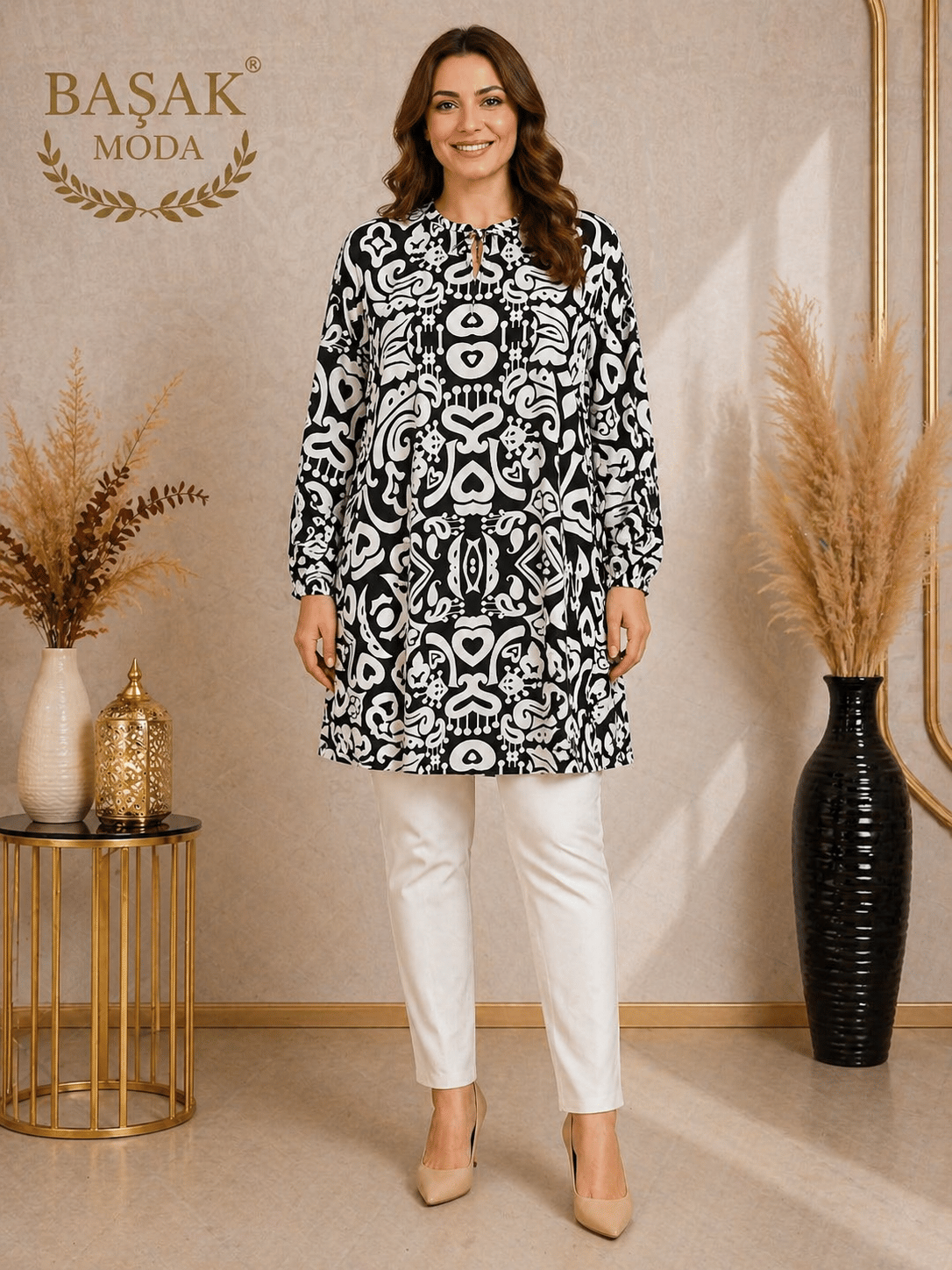 Dokuma Tunik - Siyah | Beyaz Soyut Desenli