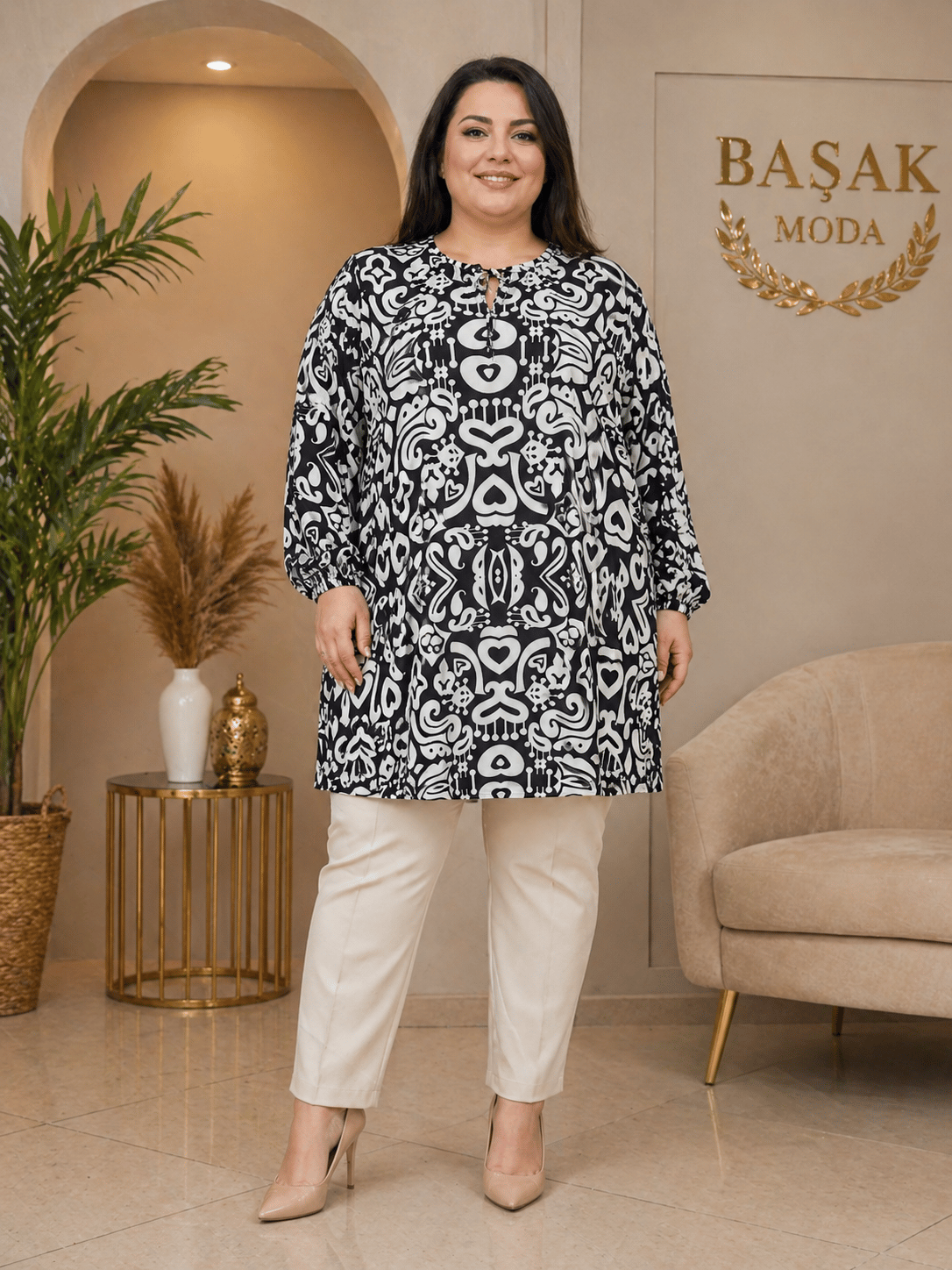 Dokuma Tunik - Siyah | Beyaz Soyut Desenli