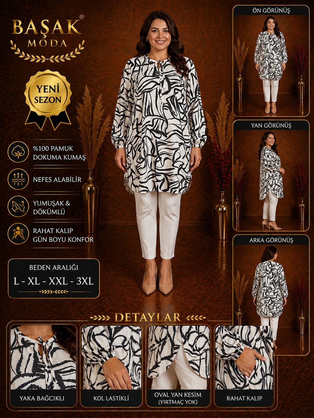 Dokuma Tunik -Siyah | Beyaz Soyut Desenli