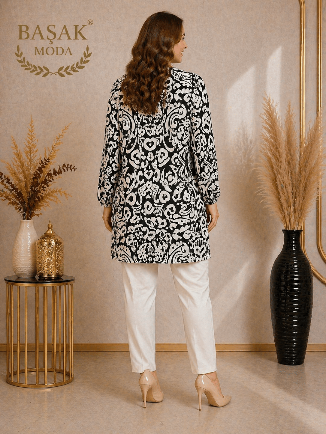Dokuma Tunik - Siyah | Beyaz Soyut Desenli