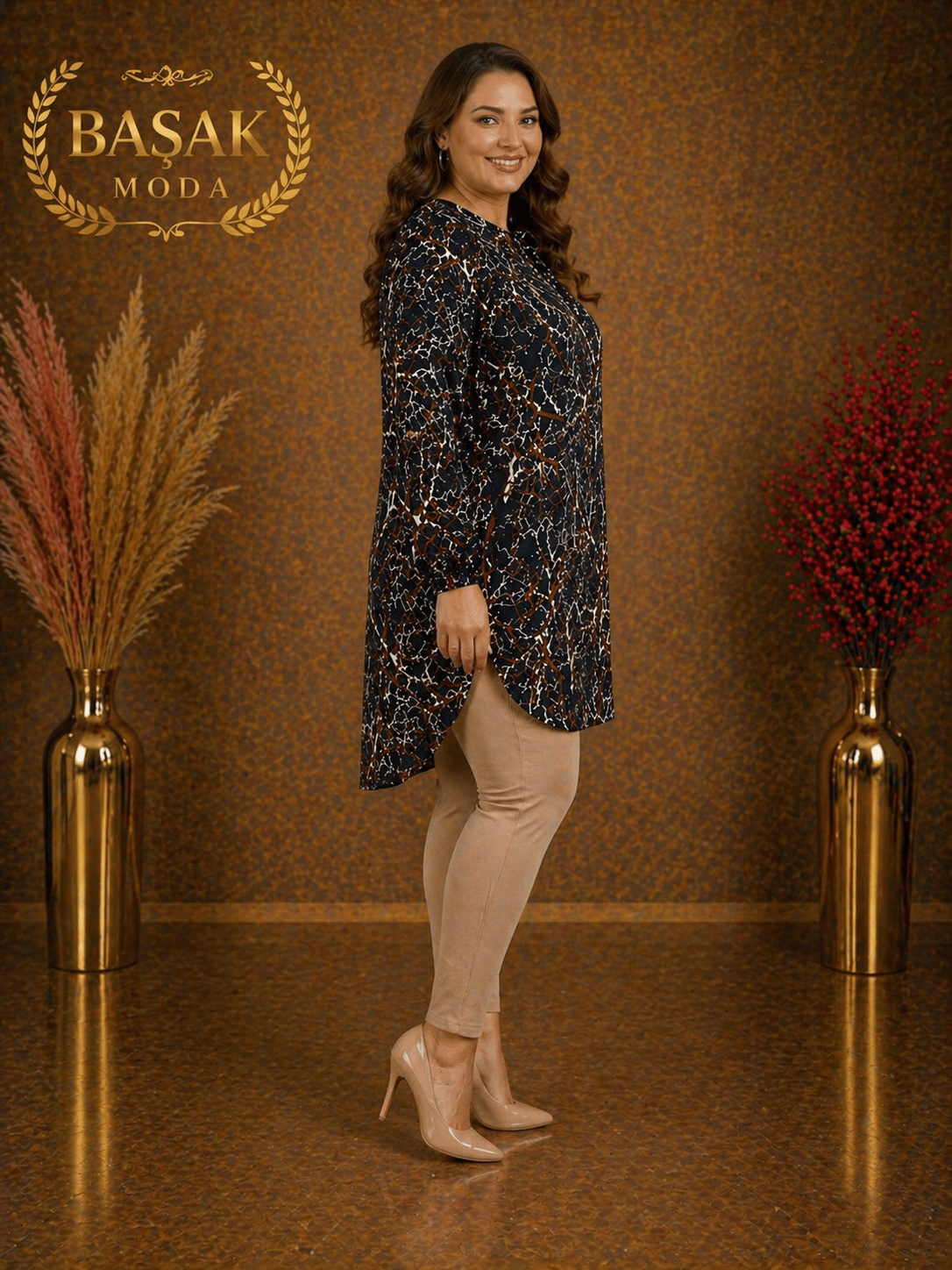 Dokuma Tunik -Siyah | Kahverengi | Beyaz Soyut Desenli