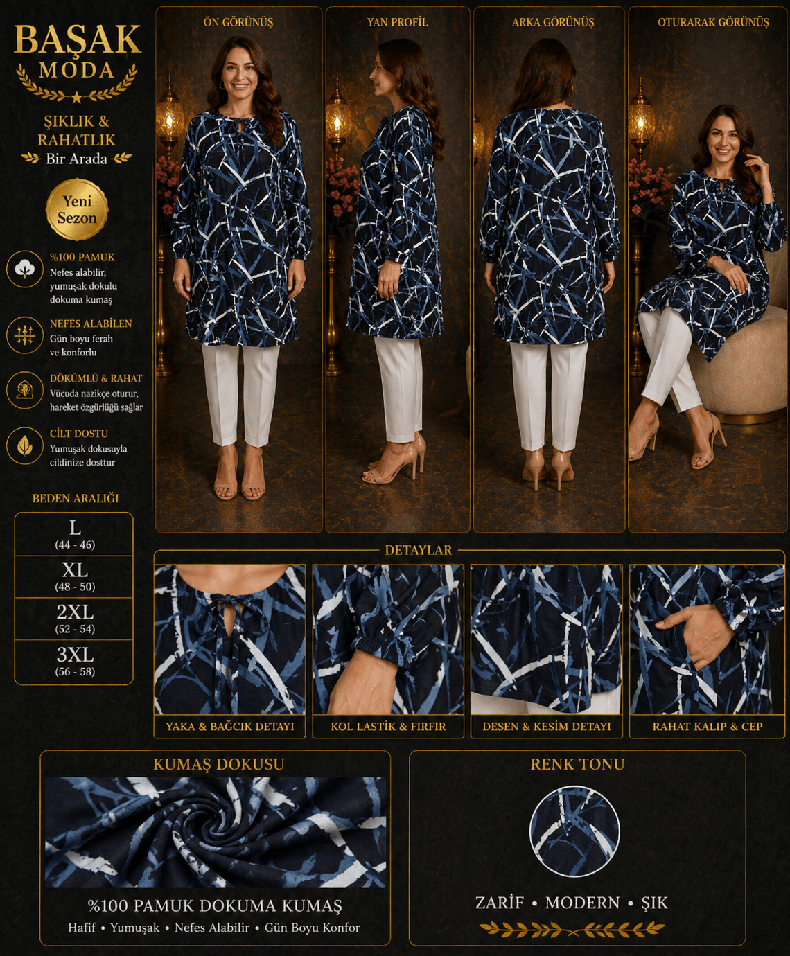 Dokuma Tunik - Siyah | Mavi | Beyaz Desenli