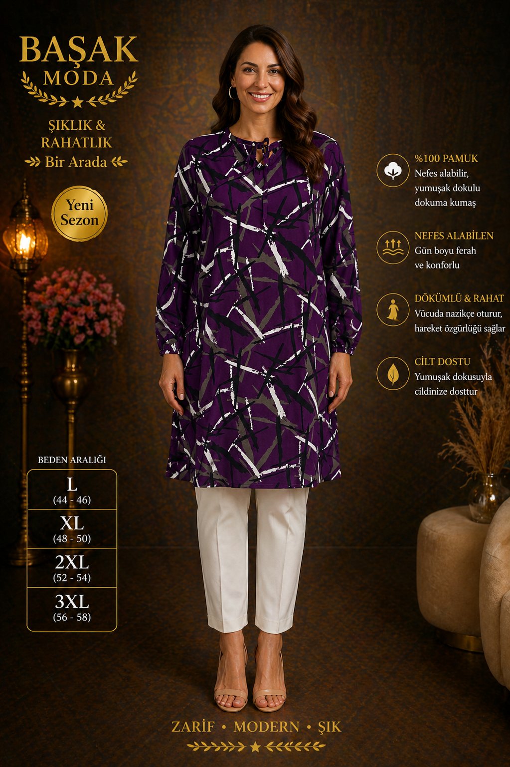 Dokuma Tunik - Siyah | Mor | Beyaz Desenli