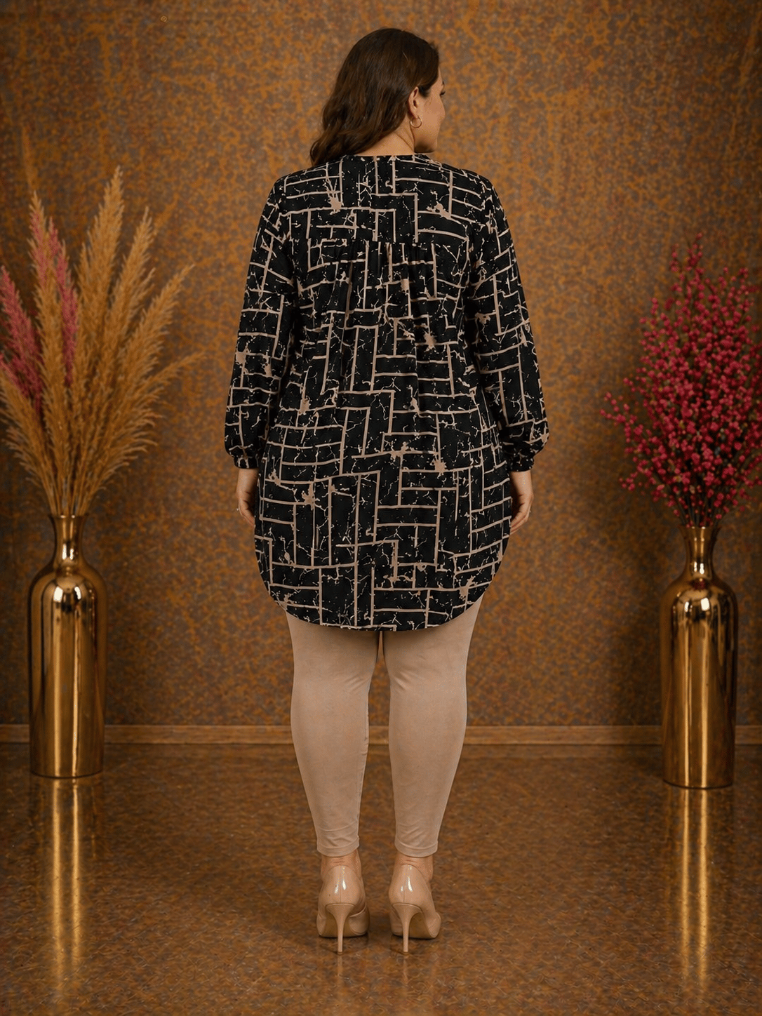 Dokuma Tunik -Siyah | Vizon Geometrik Desenli