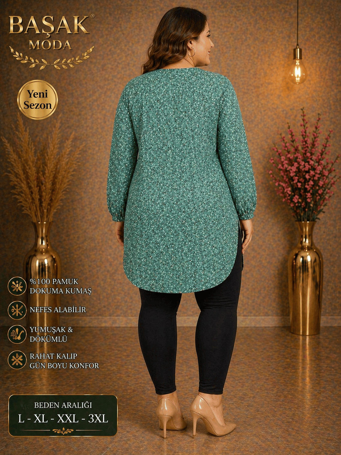 Dokuma Tunik - Su Yeşili Minik Desenli
