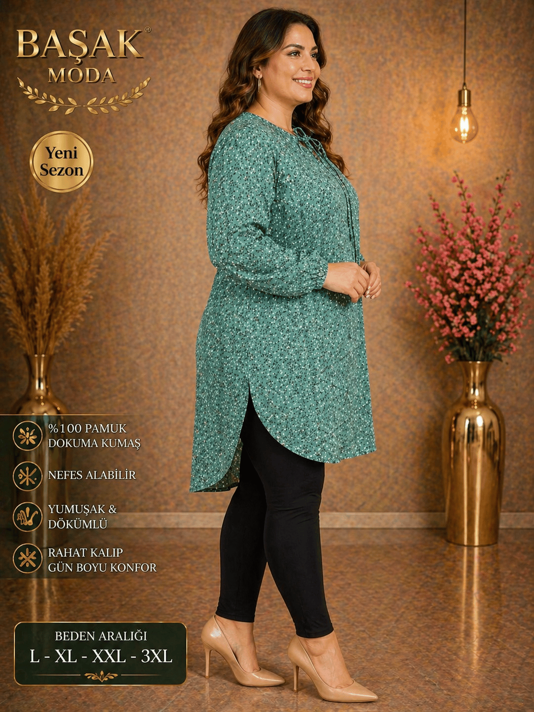 Dokuma Tunik - Su Yeşili Minik Desenli