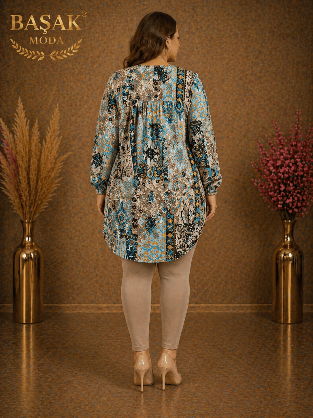 Dokuma Tunik - Vizon | Mavi Soyut Desenli