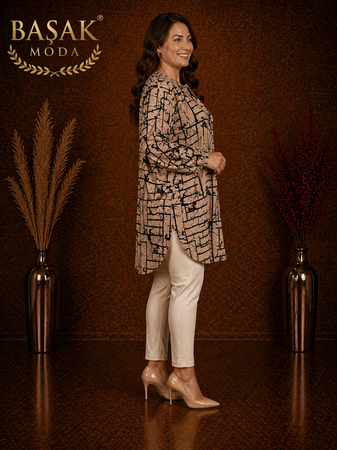 Dokuma Tunik - Vizon | Siyah Geometrik Desenli