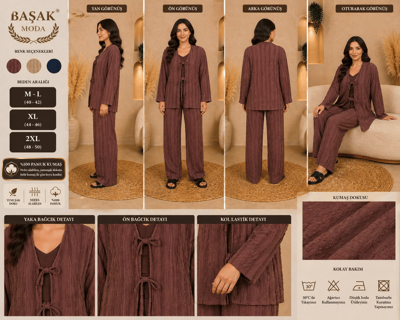 Fırfır Kumaş Kimono İkili Takım - Kahverengi